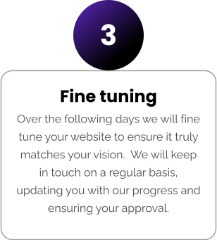 Fine tuning Over the following days we will fine tune your website to ensure it truly matches your vision.  We will keep in touch on a regular basis, updating you with our progress and ensuring your approval. 3